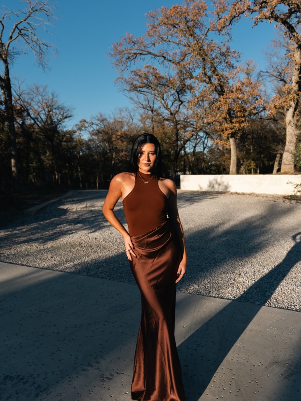 Sleek Brown Satin Halter Evening Gown-Commense